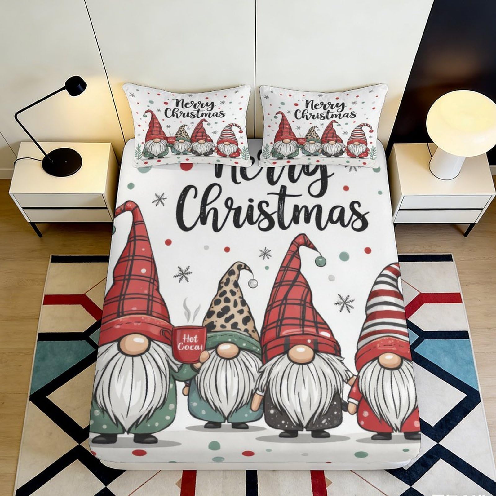 3D Printed Christmas Gnomes Fitted Sheet Microfiber Soft Red Green Plaid Mattress Cover for Bedroom Guest Room Dorm Protector 120x200x25cm