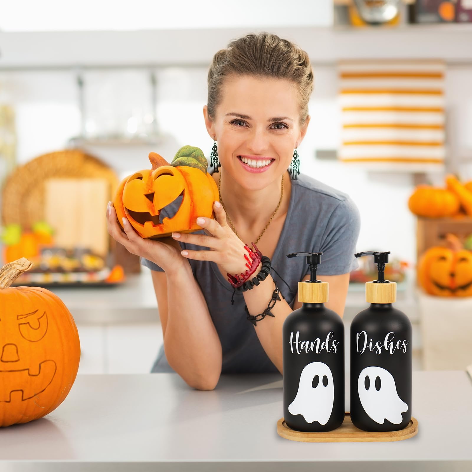 JarThenaAMCS Halloween-Seifenspender mit Pumpe, 473 ml, nachfüllbar, schwarzer Flüssigseifenbehälter für Küche, Badezimmer, 2 Stück