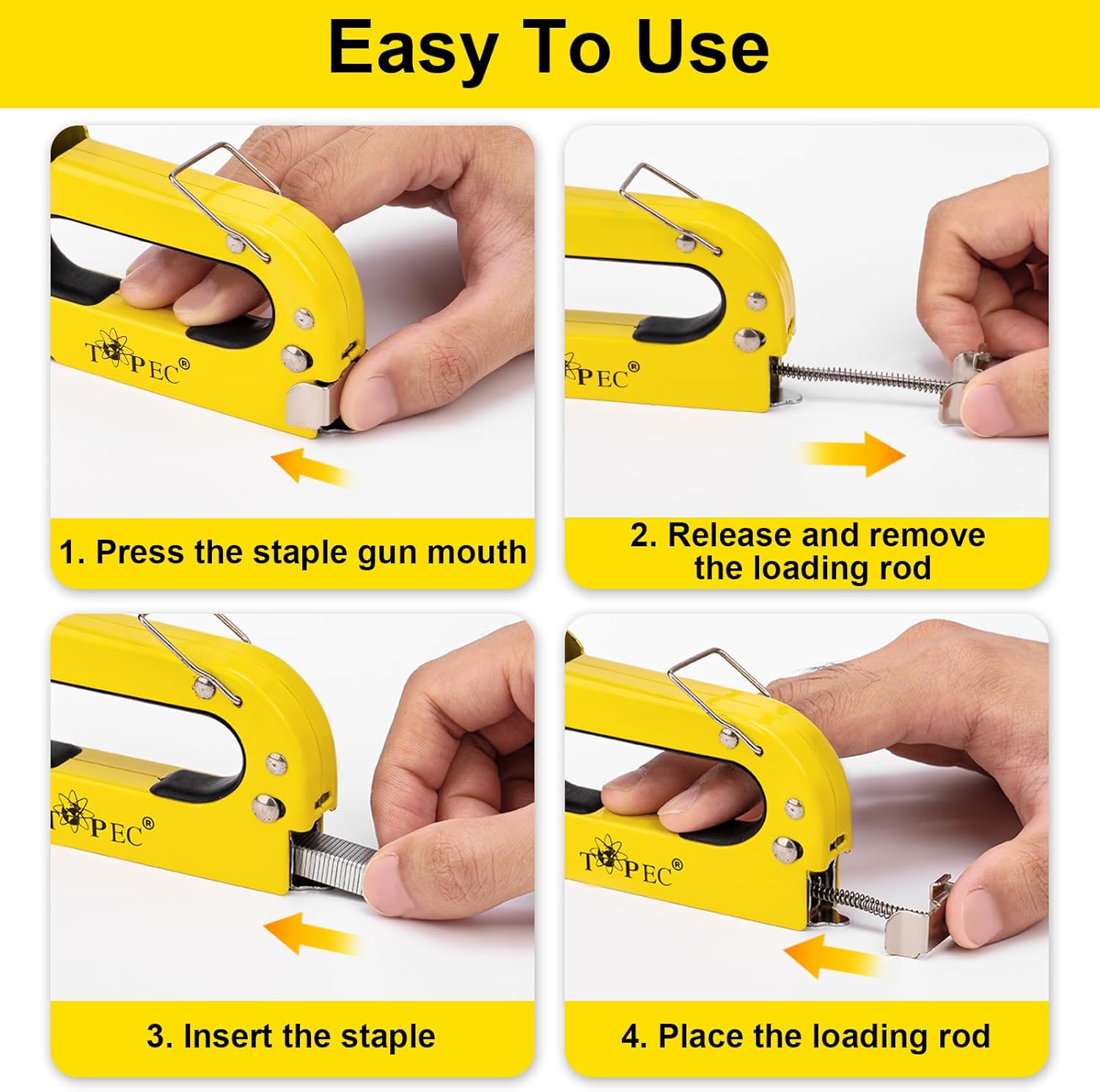 Four-step visual guide for loading staples into the staple gun