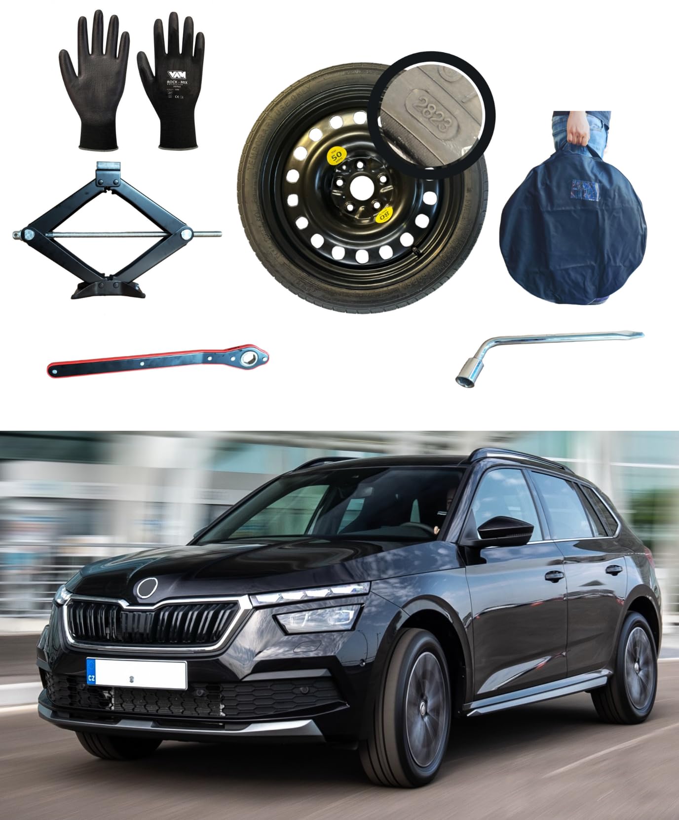 Juego de ruedas de repuesto de 16" compatible con Skoda Kamiq con elevador, llave de rueda, guantes y bolsa 135/90R16