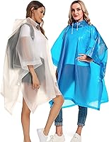 Vista 40 de Paquete de 2 ponchos de lluvia para adultos, reutilizables, impermeables, de supervivencia, emergencia, resistente, con capucha con cordón Azul
