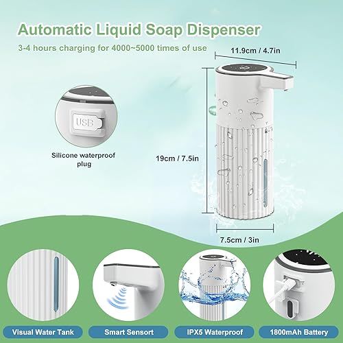 Miniatura 6 de Dispensador automático de jabón, control de flujo continuo, 13.5 fl oz, gran capacidad, recargable, impermeable, dispensador de jabón de volumen