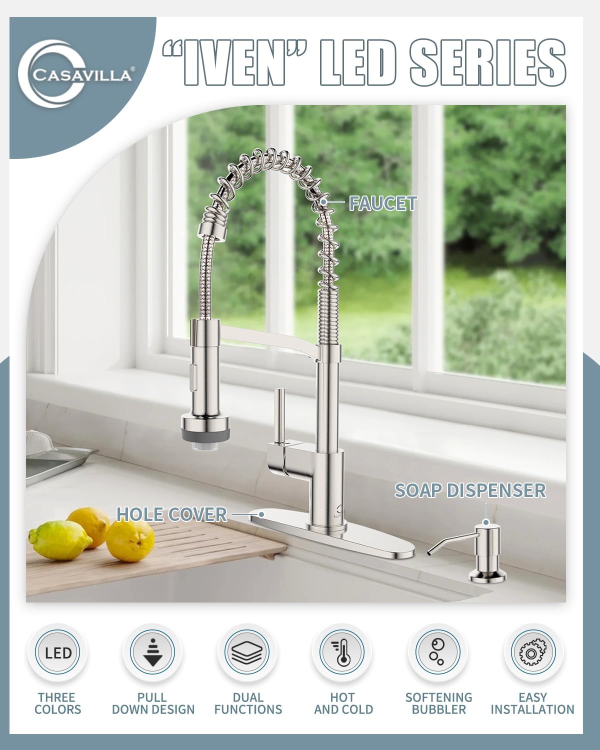 Kitchen Faucet with Soap Dispenser, LED Kitchen Faucet, Faucet for Kitchen Sink, Single Handle Stainless Steel Camper Farmhouse RV Sink Faucets with Pull Down Sprayer, Nickel Brushed