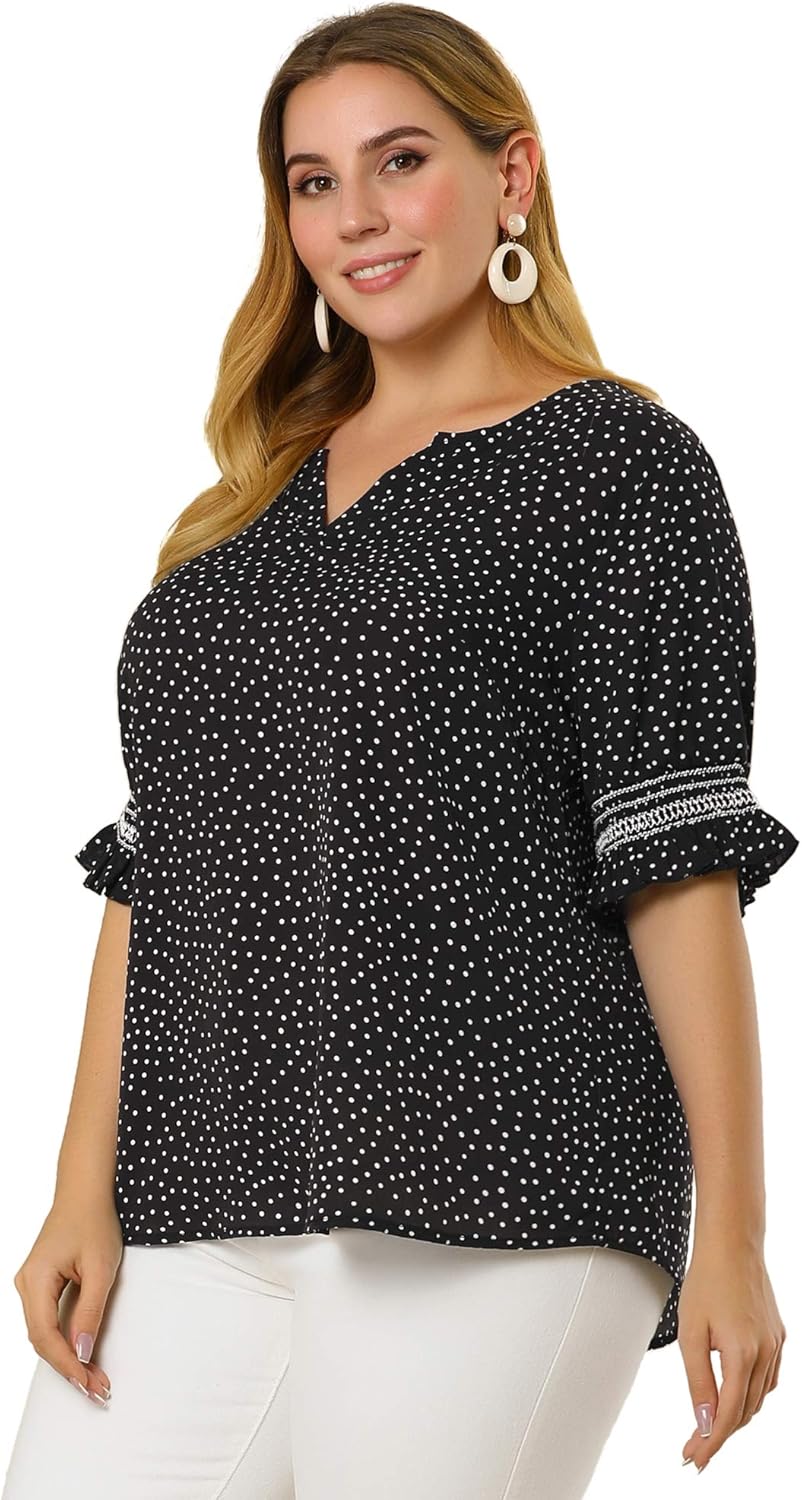 Agnes Orinda Plus Size Top for Women Dots Heart Boho Casual Smocked Short Sleeves Blouses Valentines Day - Image 4