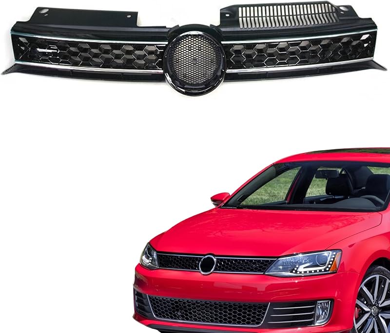 Grade dianteira superior tipo colmeia Tyrigion preta com acabamento cromado para Volkswagen Golf e Jetta – T941-058