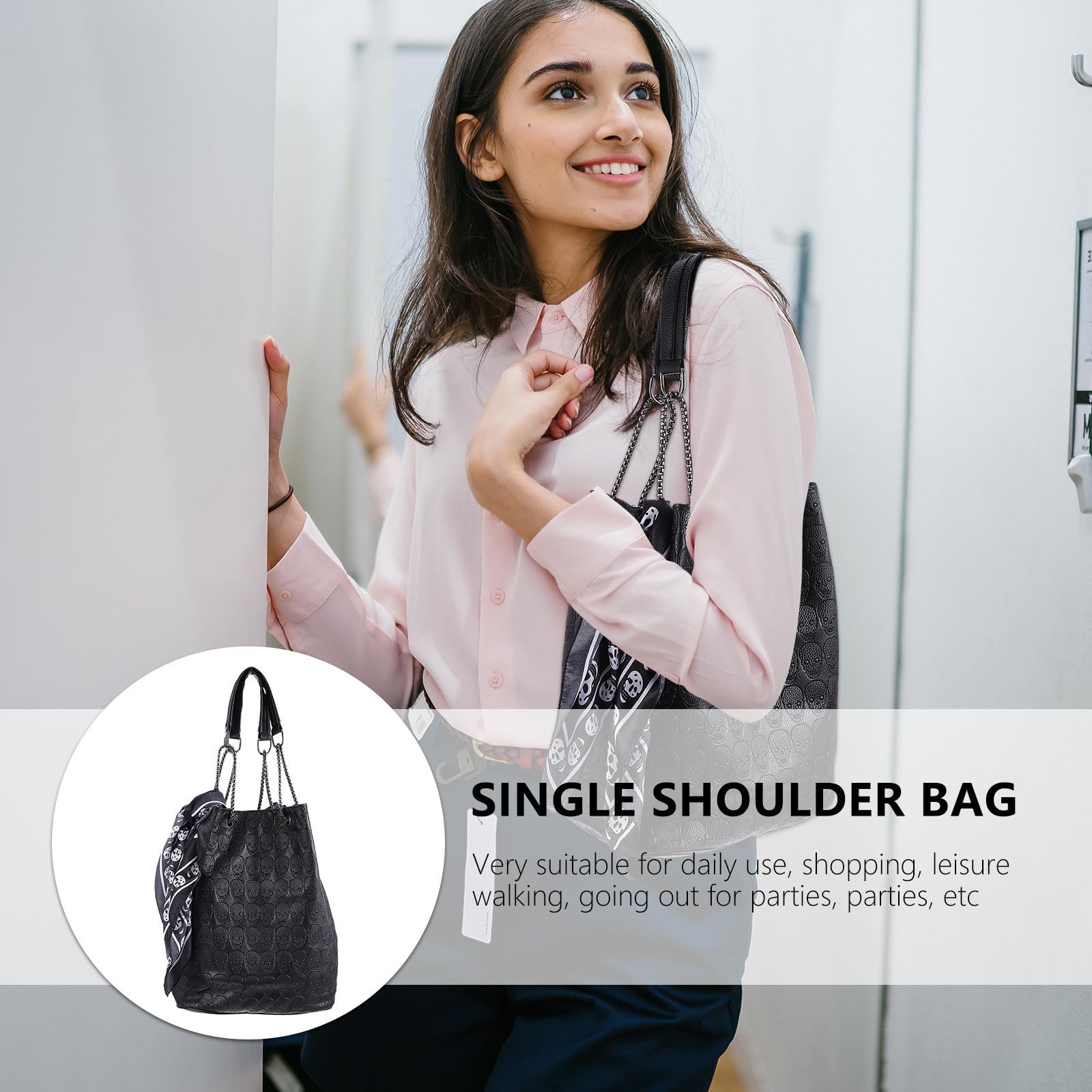 LALAFINA Bolso de Hombro Elegante para Mujer con Bufanda de Seda, Material Pu y Aleación, Adecuado para Salir de Compras y Fiestas