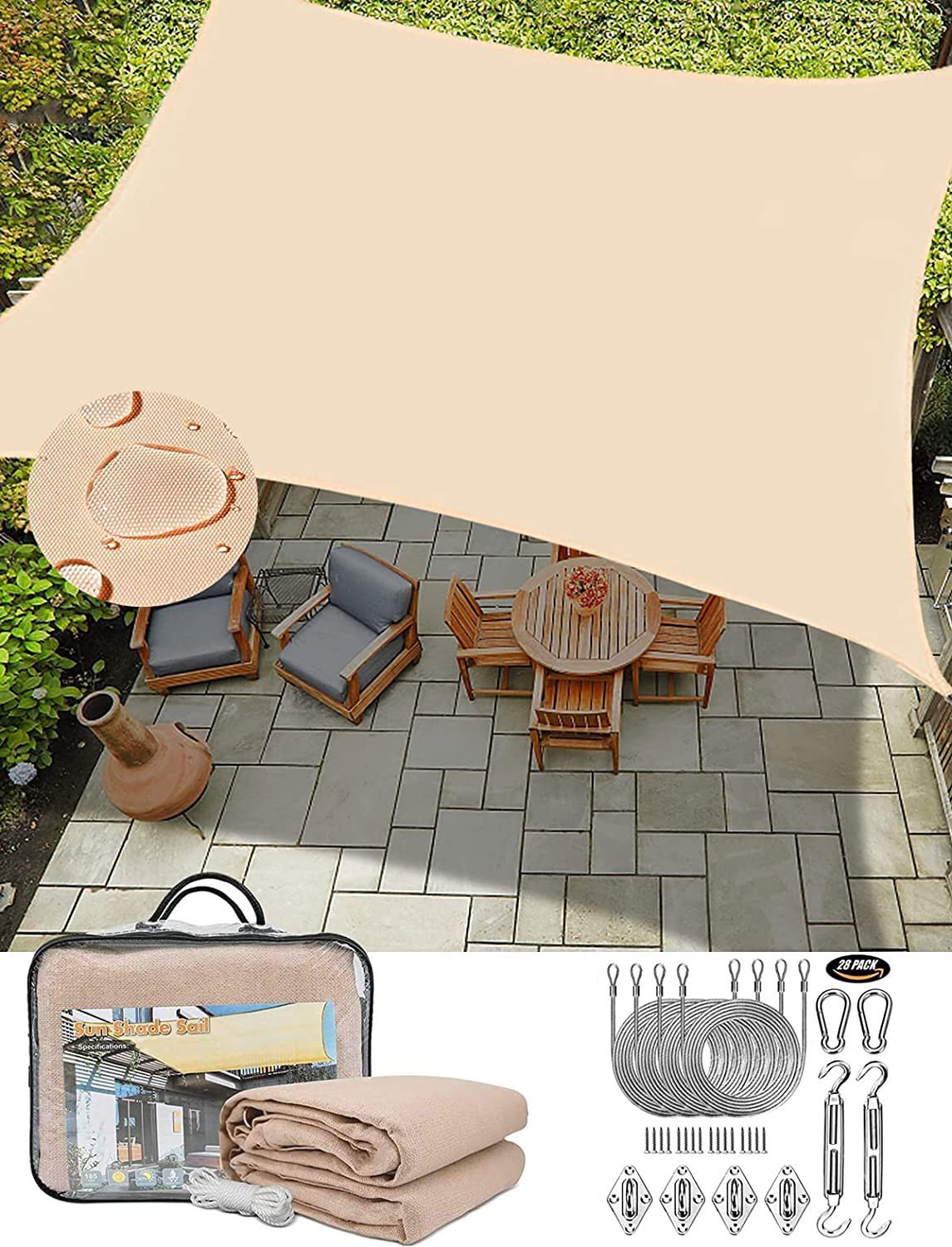 SkadeWaterproof Sun Shade Sail with Installation Hardware Fixing Kit, Polyester Canopy Sail Shade UV Block for Grade Outdoor Patio Garden Backyard (4 x 4 Meter)