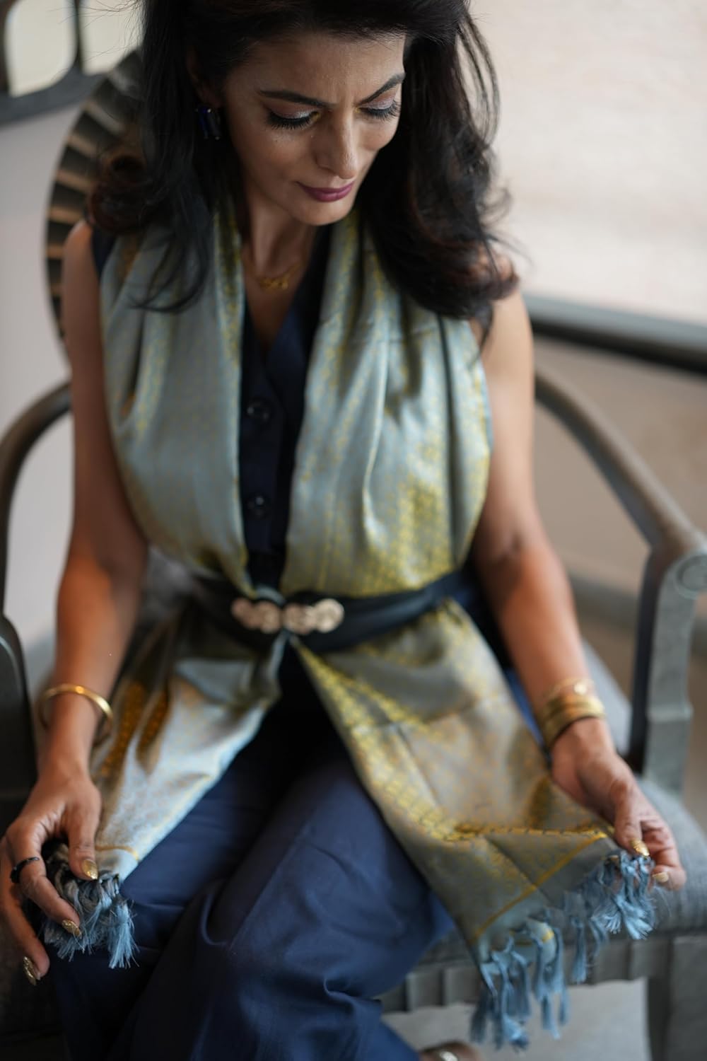 Silk Stole - Grey Gold Silk Stole Handwoven | 72 x 22 Inches | Lightweight, soft, and easy to Drape | Scarf for Women – Shawl Wrap for Evening Dresses, Bridesmaids, Weddings & Everyday Wear