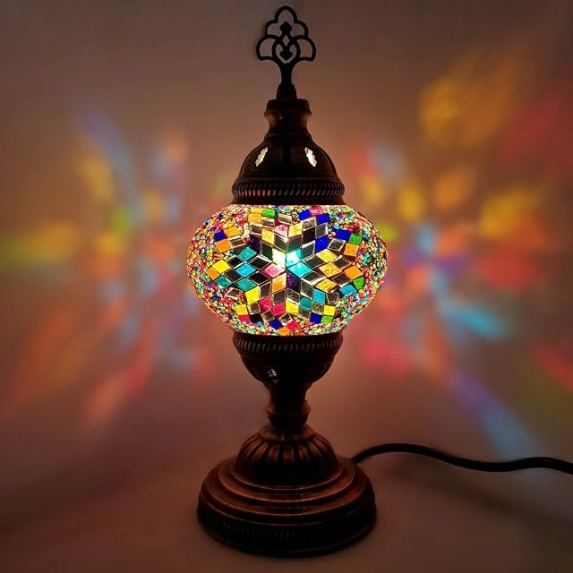 Handmade Bronze Turkish Moroccan Arabian Eastern Bohemian Tiffany Style Glass Mosaic Beautiful Table Desk Lamp Lamps Home Decor