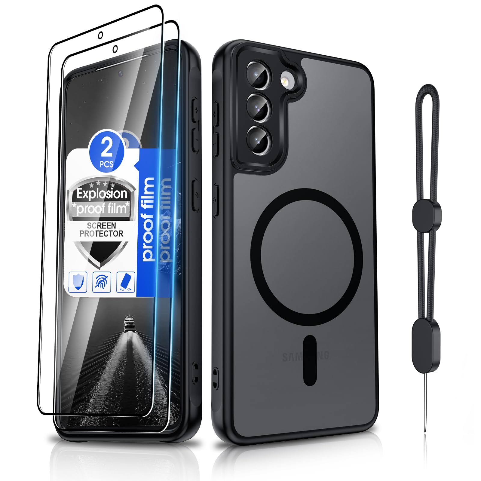 Dizn Magnetic for Samsung Galaxy S21 Case: (Not Fit S21+) with 2 Screen Protector,Lanyard,[Compatible with MagSafe],Matte Translucent &amp; Military Grade Shockproof Protective,for 6.2-Inch S21,Black