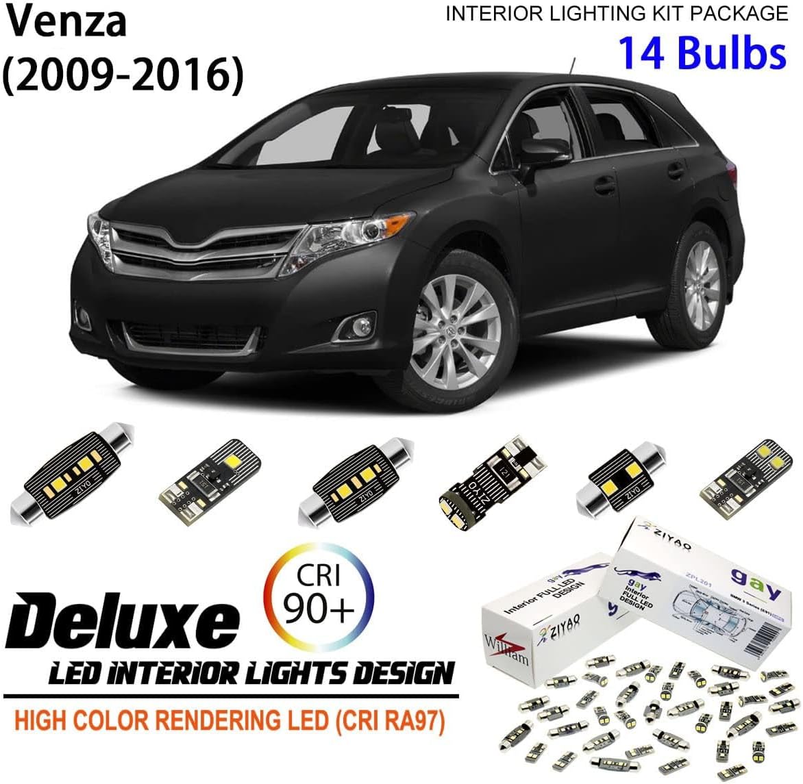 ZIYO ZPL1845 - (14 Bulbs) LED Interior Light Kit Replacement for Toyota Venza 2009-2016 + License Plate Light Bulbs Package, Xenon White Dome Lights Upgrade