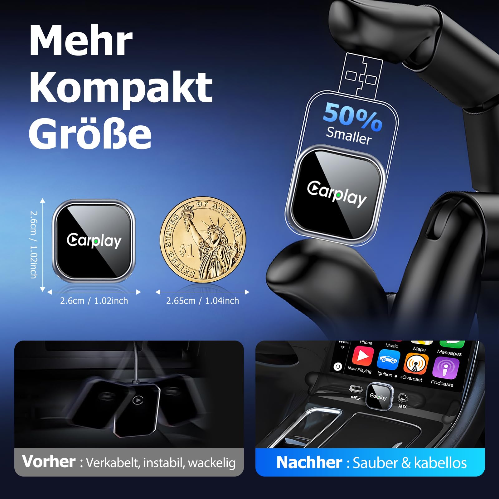 Wireless Carplay Adapter Für iPhone, Wandelt Kabelgebundenes Carplay in Kabelloses Um, Plug & Play,Mini & Stabiler, Kompatibel Mit iOS10+,Stabile Steuerung & Keine Verzögerungb