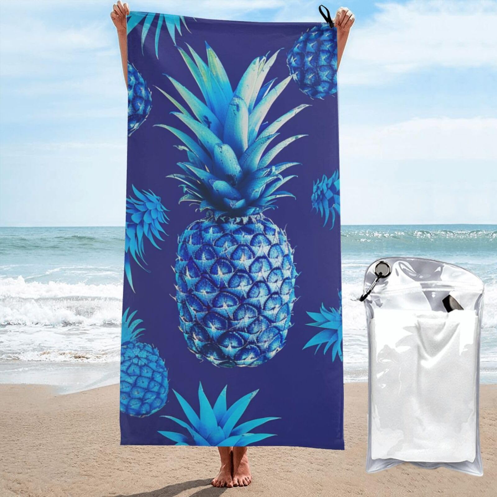 kkvhhyuo Microfiber Beach Towel, Blue pineapple Printed Lightweight Quick Dry Travel Bath Sheet with Compact Carry Bag for Swimming Yoga Camping Gym,31.5"x63"