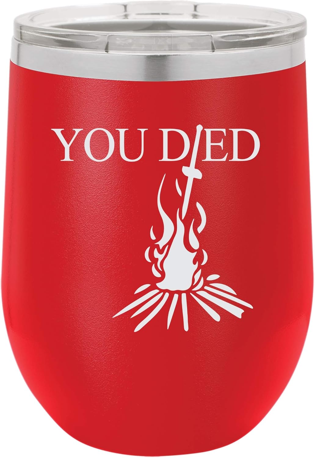 "You Died" Video Game Souls of the Dark Bonfire Design Engraved Insulated Stainless Steel Wine Tumbler, 12 Oz., Maroon