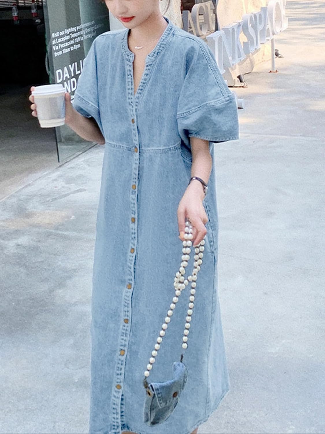 Women's Summer Casual Denim Dress Button V Neck Short Sleeve Loose Fit Midi Jean Dresses - Image 2