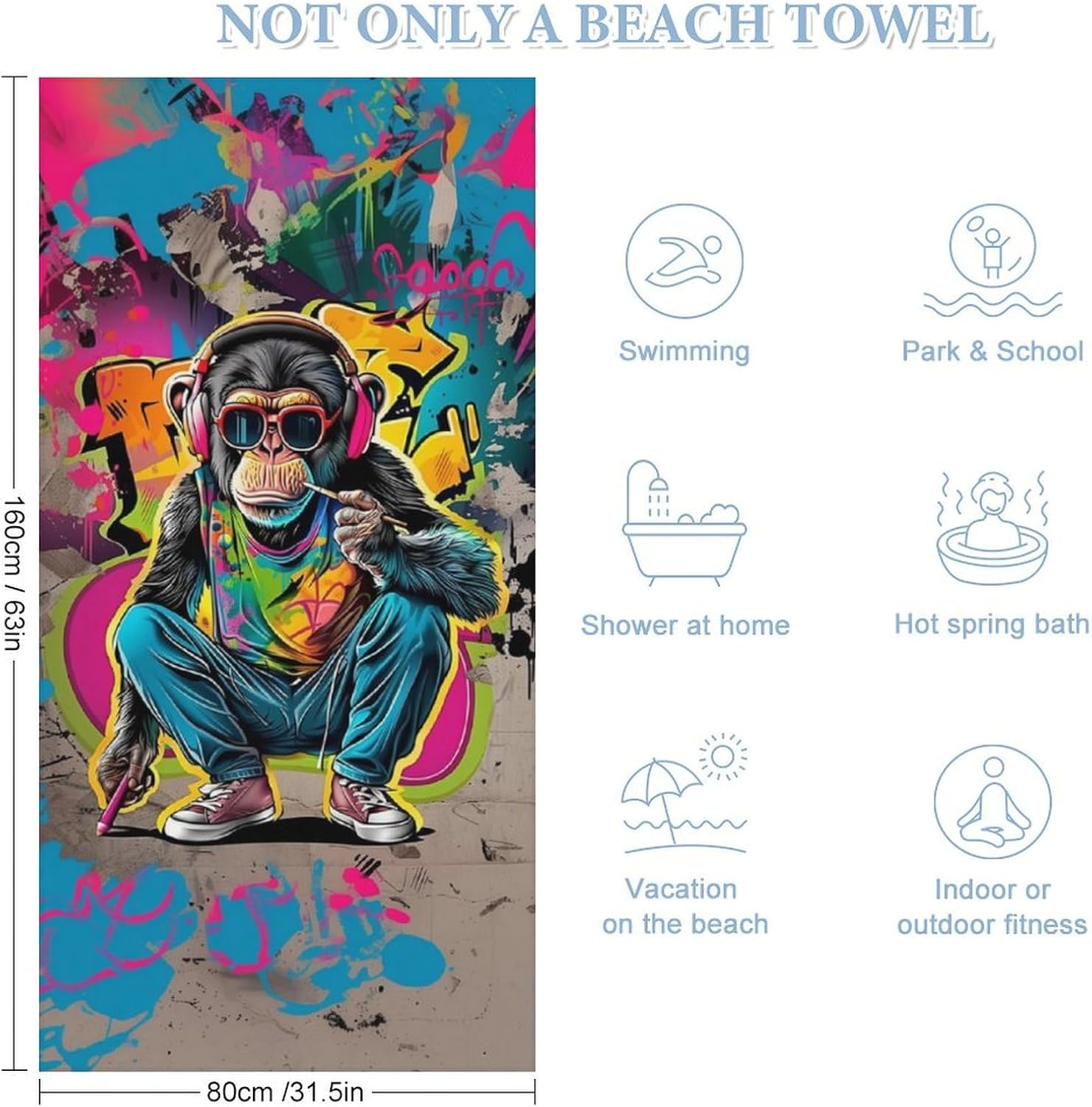 Street Graffiti Monkey Beach Blanket Bath Towels Beach Towel Quick Dry Cool Shower Pool Home 63 * 31.5 in