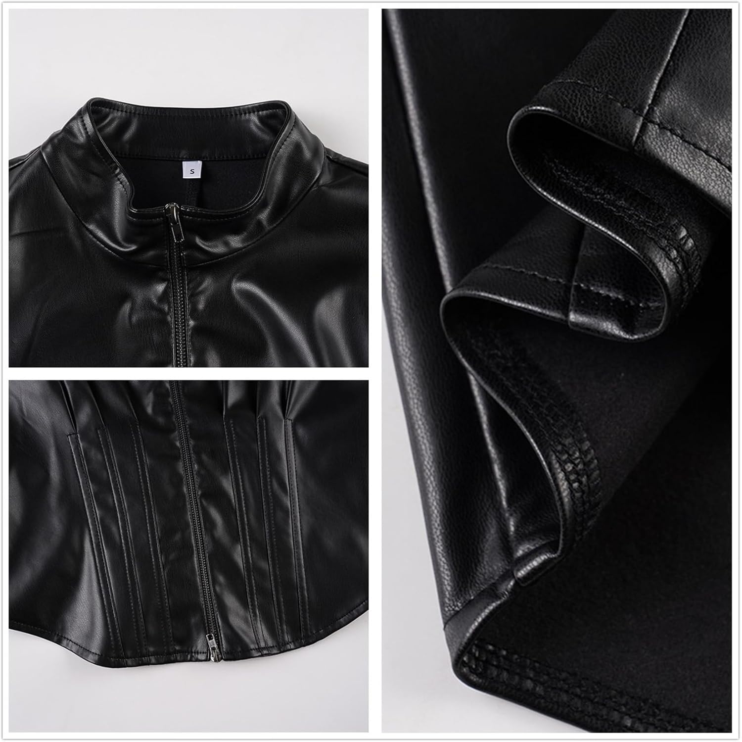 Women Rave Leather Long Sleeve Crop Jacket - Goth Zip up Mock Neck Trendy Motorcycle Going Out - Image 5