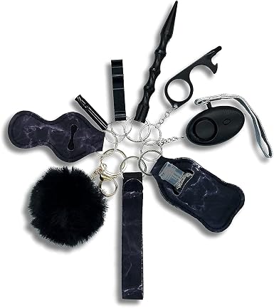 Amazon Com Self Defense Keychain Set For Women And Kids Safety Keychain Accessories With Safe Sound Personal Alarm 1 Pack With 10 Items Black Sports Outdoors