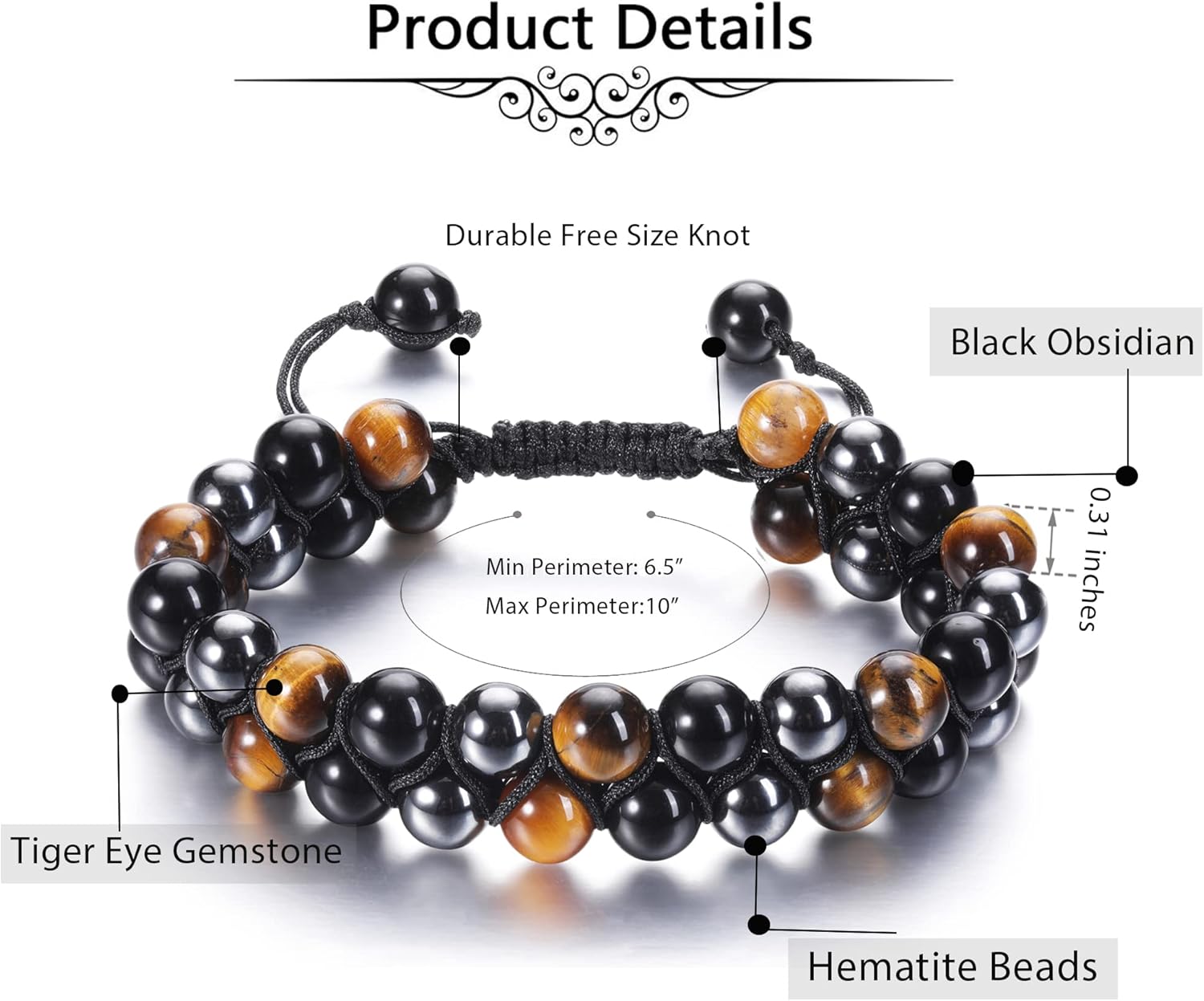 Jovivi Bundle of 8mm Mens Hematite Tiger's Eye Black Obsidian Crystal Bracelet Braided Rope & Triple Proetction Healing Crystal Necklace Set