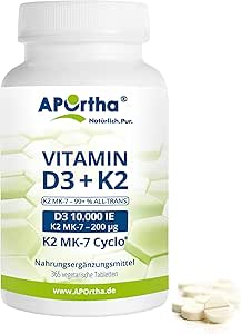 APOrtha® Vitamin D3 10.000 I.E + 200 µg K2 99+% ALL-Trans, 365 vegetarische Tabletten hochdosiert u. teilbar, Premium Vitamin D und K Tablette leicht zu schlucken - Alternative zu Tropfen und Kapseln