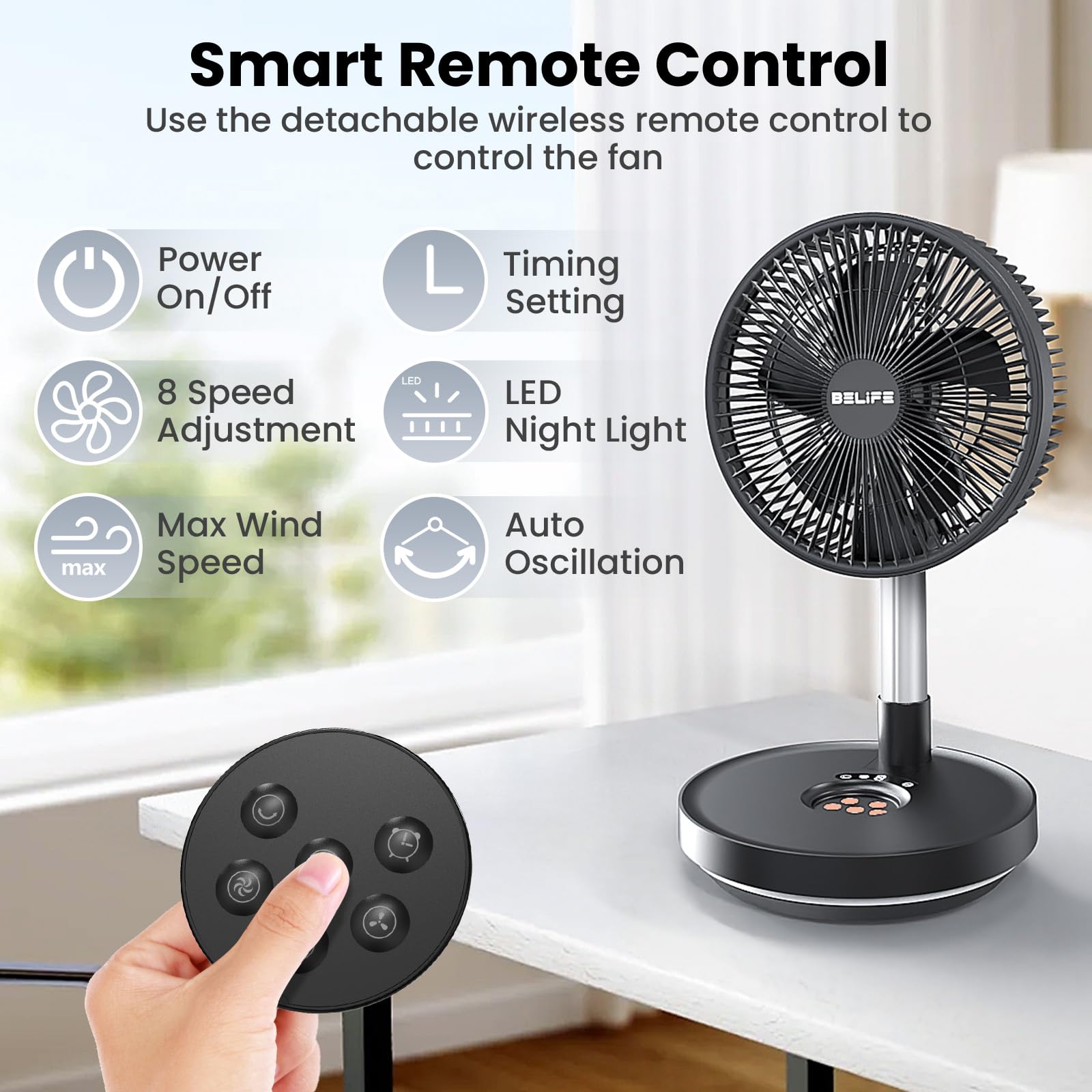 Belife X10 Ventilatore portatile, senza fili, a batteria, 7200 mAh, ventilatore oscillante ricaricabile, telecomando e pieghevole telescopico ventilatore da campeggio (nero)