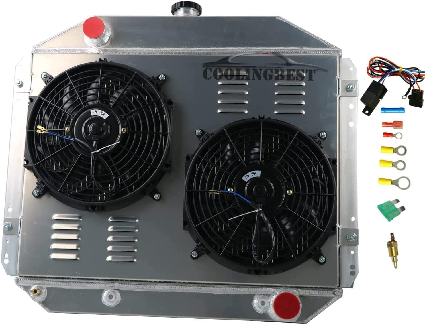 4 Row Aluminum Radiators Compatible with 1966-1979 Ford Bronco F100 F150 F250 F350 Pickup L6 V8, Radiator + Electric Fan Shroud&Thermostat Kit Combo