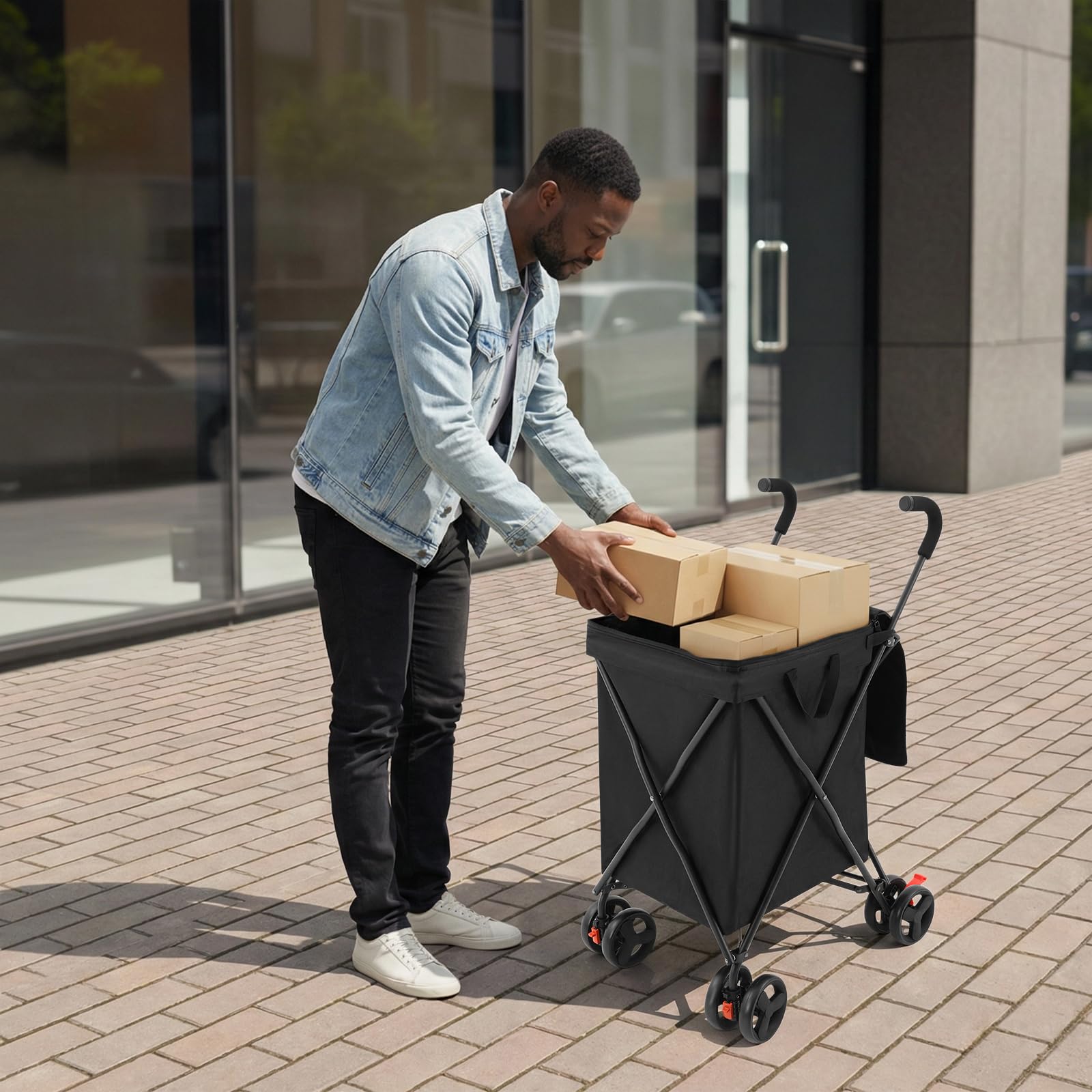 Carro de la compra plegable con ruedas, carrito de la compra plegable para supermercado y exterior, 38 l, gran capacidad, 70 kg, con gancho de lino y bolsa de almacenamiento, color negro