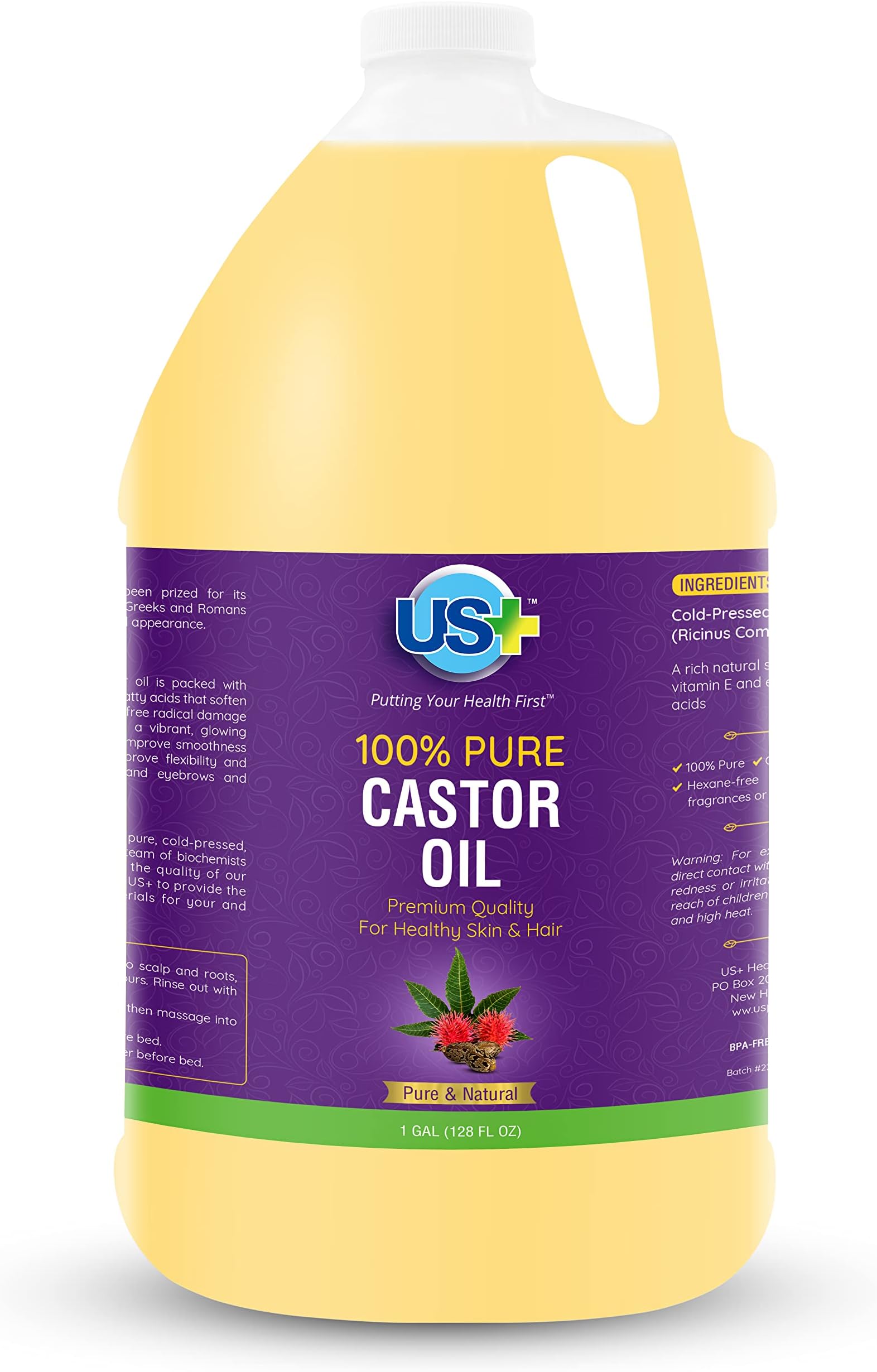 100% Pure Castor Oil - Cold-pressed, Unrefined, Hexane-free - Premium Quality - USP Grade (1 Gallon)