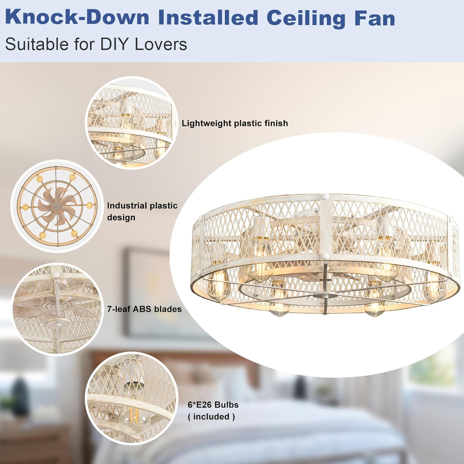Caged Ceiling Fans with Light: 26 Inch Flush Mount Ceiling Fan with Light and Remote - Rustic Ceiling Fans with Lights for Farmhouse Kitchen Bedroom