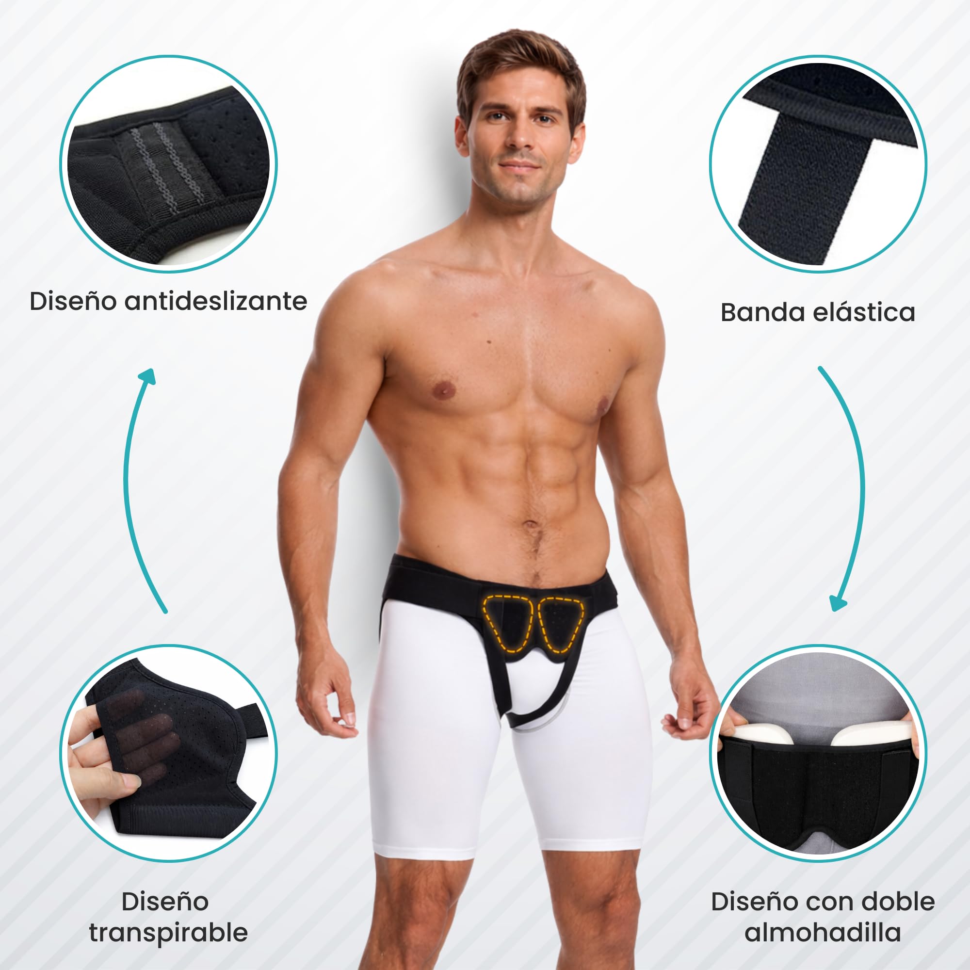 BeFit24 Cinturon Hernia Inguinal Hombre | 2 Almohadillas Silicona | Cinturon Hernia Inguinal Ajustable XL | Faja Hernia Braguero Discreto Bajo Ropa Soporte Ajustable 96–120 cm