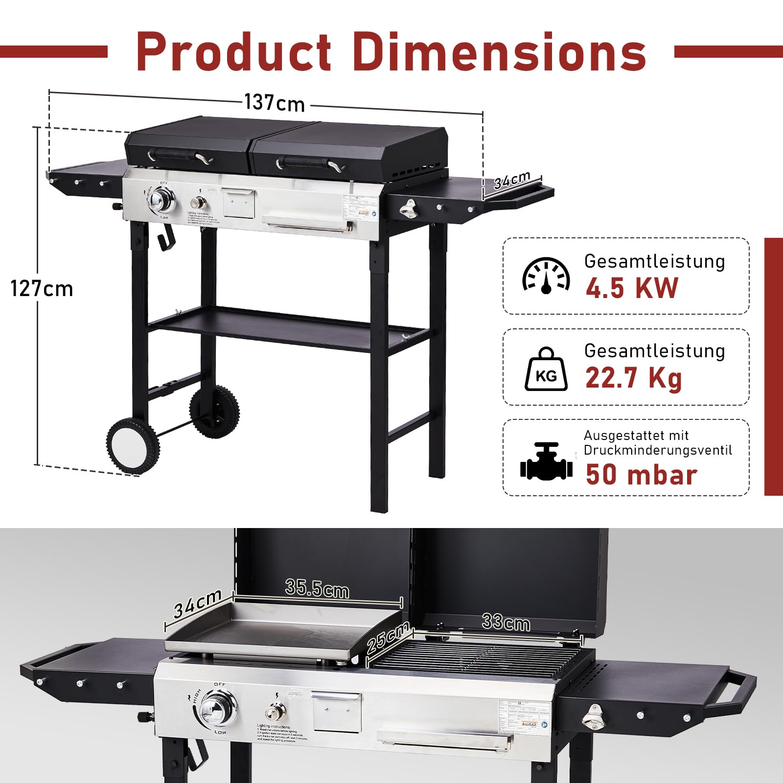LEADZM Gasgrill 2-in-1 Gas- & Holzkohlegrill 4.5 kW - Ausgestattet mit einem 50-Mbar-Druckminderventil, Geeignet für Familienfeiern und Picknicks im Freien