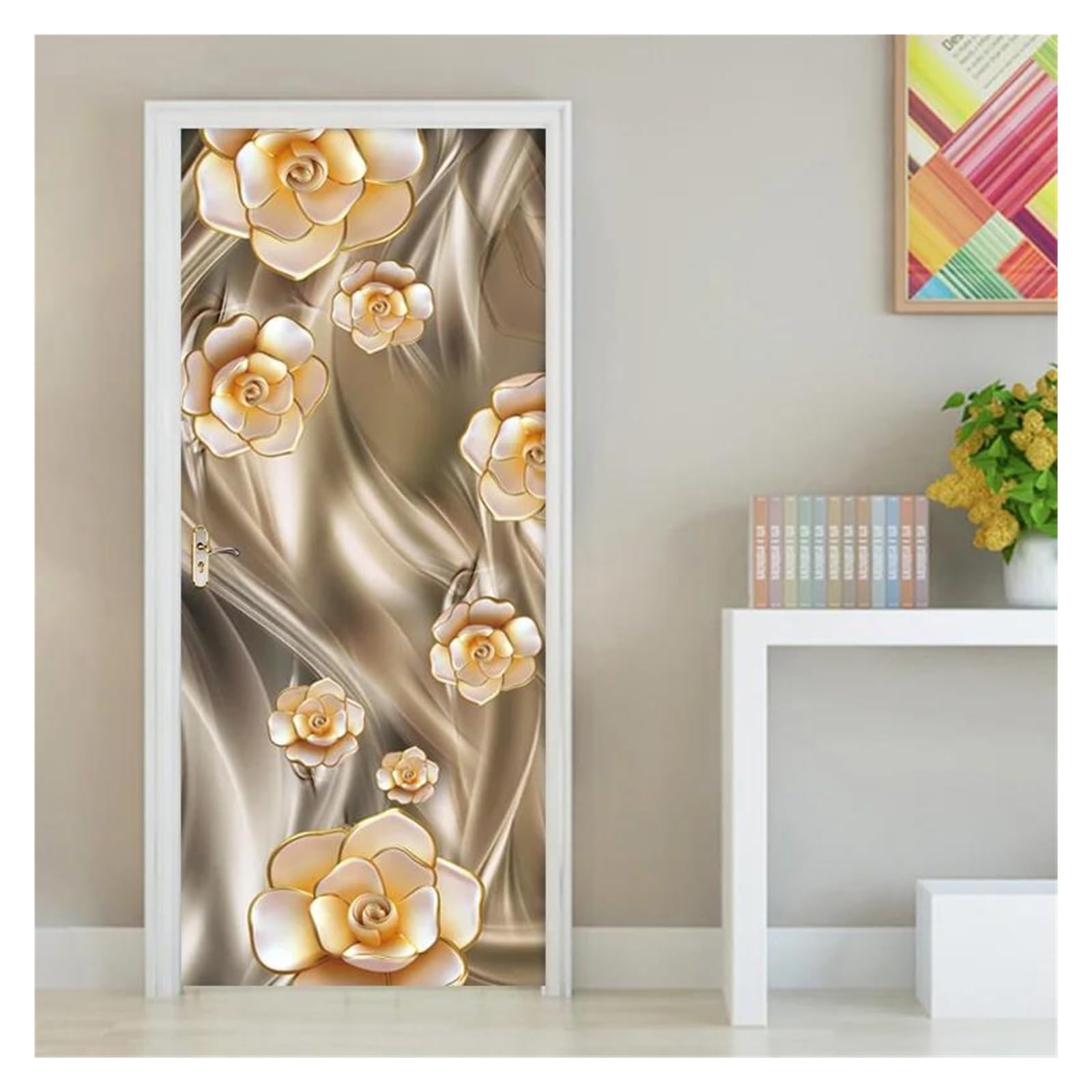 Affiche imperméable 3D pour rénover une porte abîmée sans travaux avec sticker fleur d'or