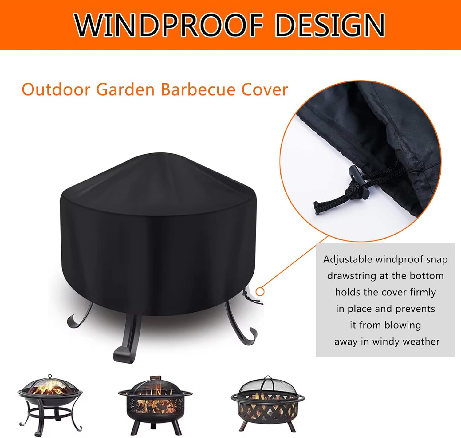 Round Fire Pit Cover | Waterproof Outdoor Firepit Covers | Round Patio Fire Bowl Cover | Outdoor Garden BBQ Grill Covers (Black,128x71cm)