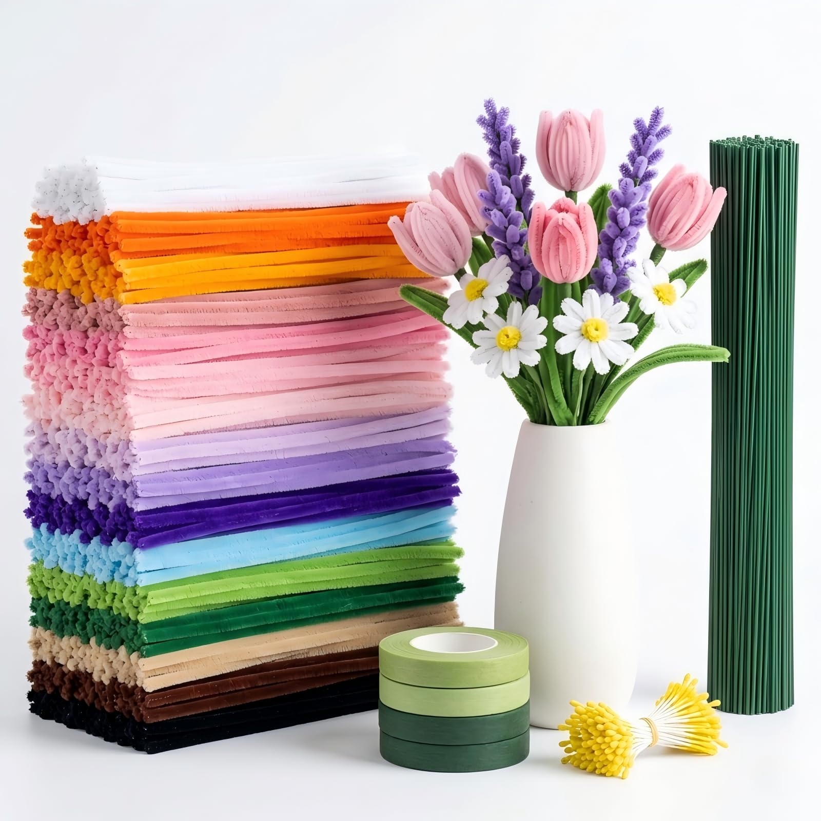 Bloomhüan 600 Stück Pfeifenreiniger Blumen Set | Pfeifenputzer zum Basteln in 6 Farben mit 30 Blumendraht & Geschenkband für Kreative DIY Blumensträuße