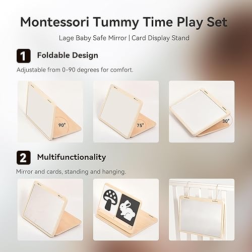 Miniatura 4 de Set de juego de tiempo boca abajo, ángulo ajustable, diseño de doble cara, juguetes Montessori Tummy Time Toys Gran espejo seguro para bebés y
