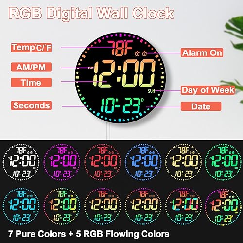 Miniatura 4 de Reloj de pared digital RGB grande de 12 pulgadas que cambia de color con control remoto  Pantalla LED Reloj enchufable con 3 niveles de brillo y