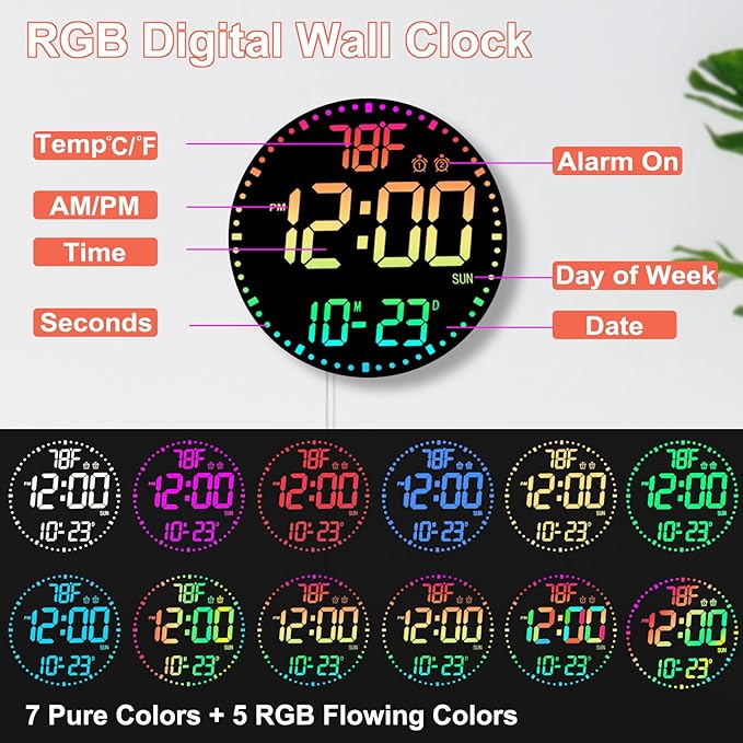 Reloj de Pared Digital LED 12" RGB con Control Remoto y Temperatura miniatura 4