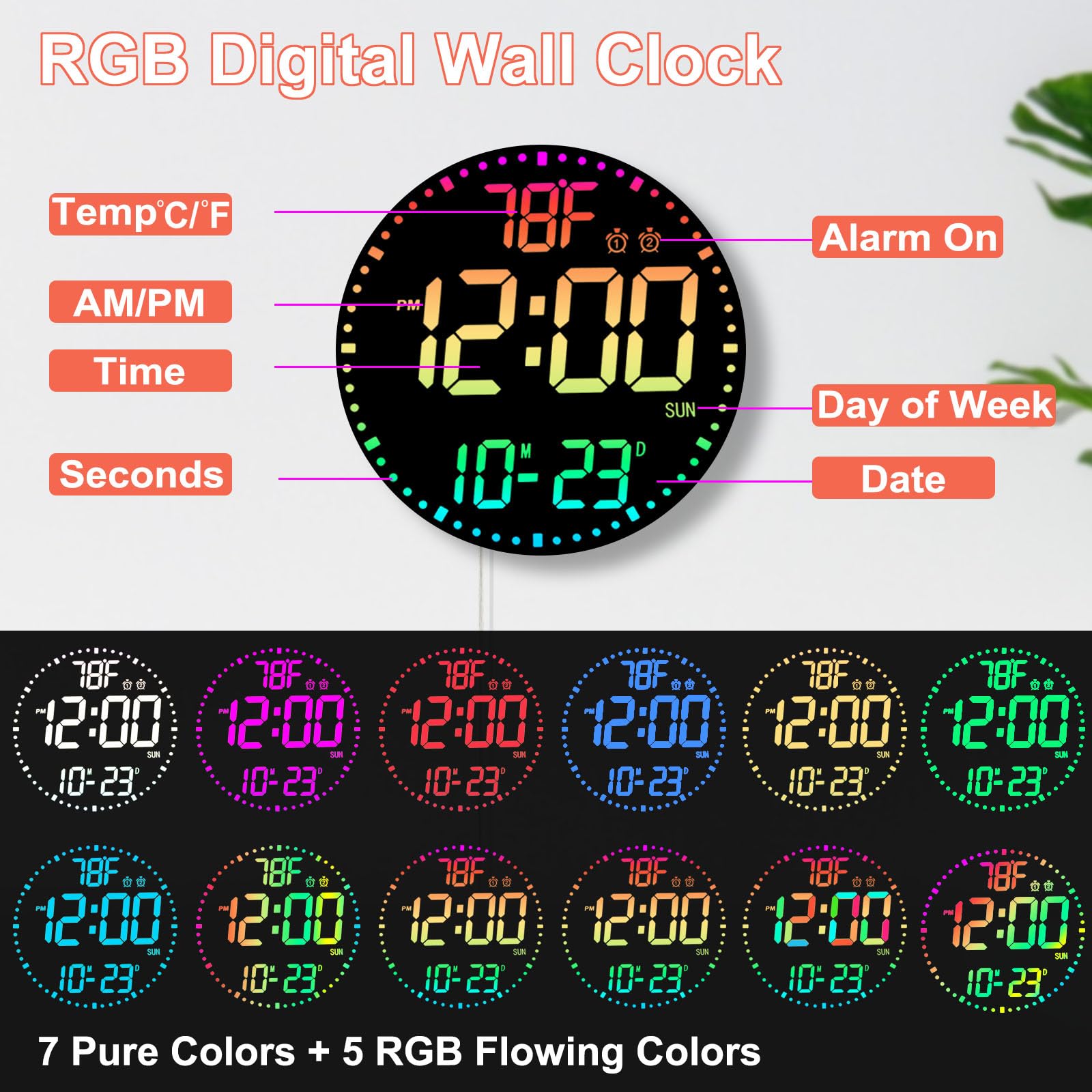 QINFIEY Grande horloge murale numérique RVB à changement de couleur avec télécommande | Affichage LED avec 3 niveaux de luminosité et affichage de la température | Parfaite pour la maison, la salle de