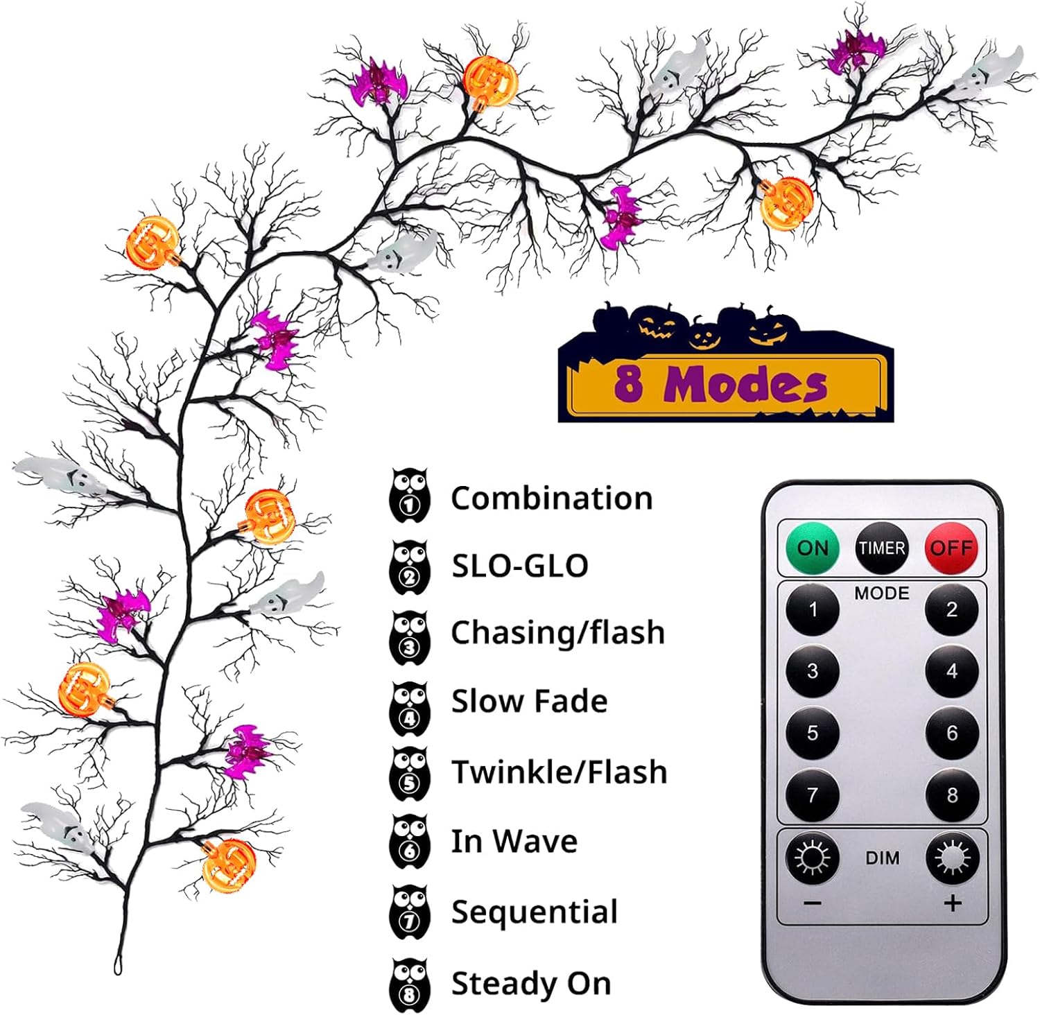 Halloween Garland with Lights Halloween Decorations Indoor with Timer 6.3Ft 54 LED Bat Ghost Pumpkin Battery Operated Garland with Lights for Mantle Table Wall Decorations