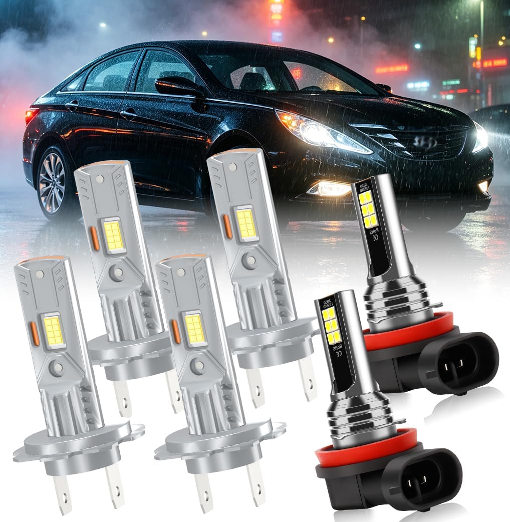 Upgraded Headlight Bulbs Combo for Hyundai SONATA 2011-2014, H7 High H7 Low Beam and H11 Fog Light, 6000K White, Plug and Play, Pack of 6
