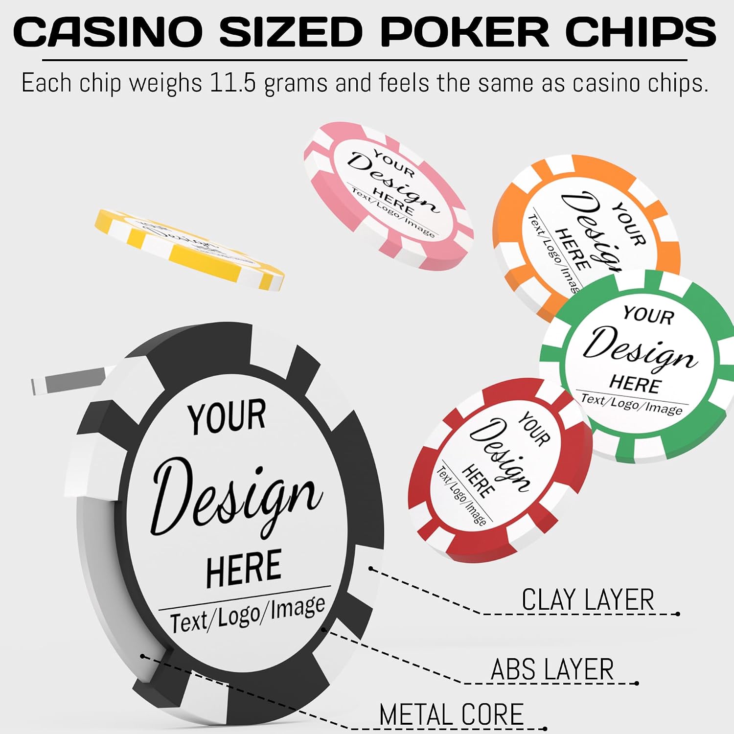 25-500 Custom Poker Chips – 40mm Clay Casino Drink Tokens 11.5g Personalized with Logo, Photo or Text – Drink Tokens for Events, Bars, Business Card & Promotions