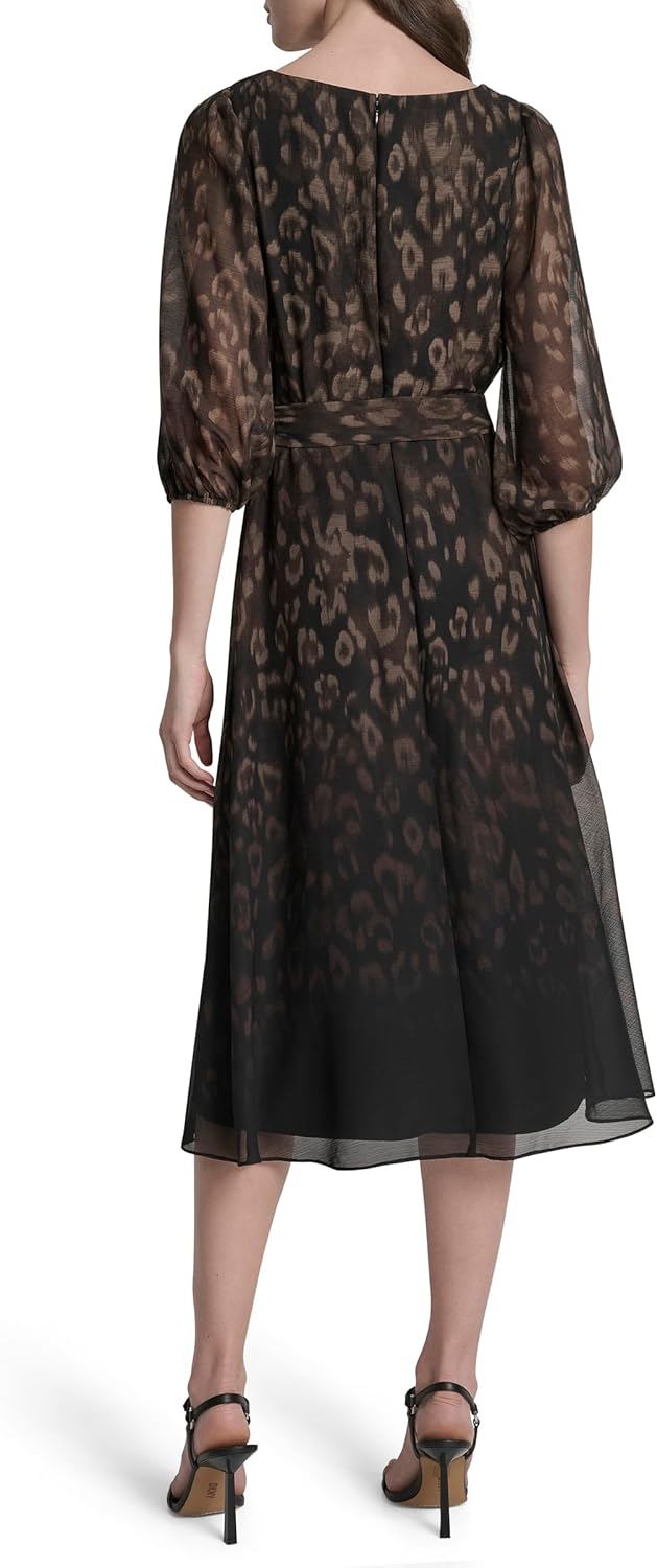 DKNY Womens 3/4 Balloon Sleeve Surplice Neck Faux Wrap Midi Dress with Removable Belt - Image 4