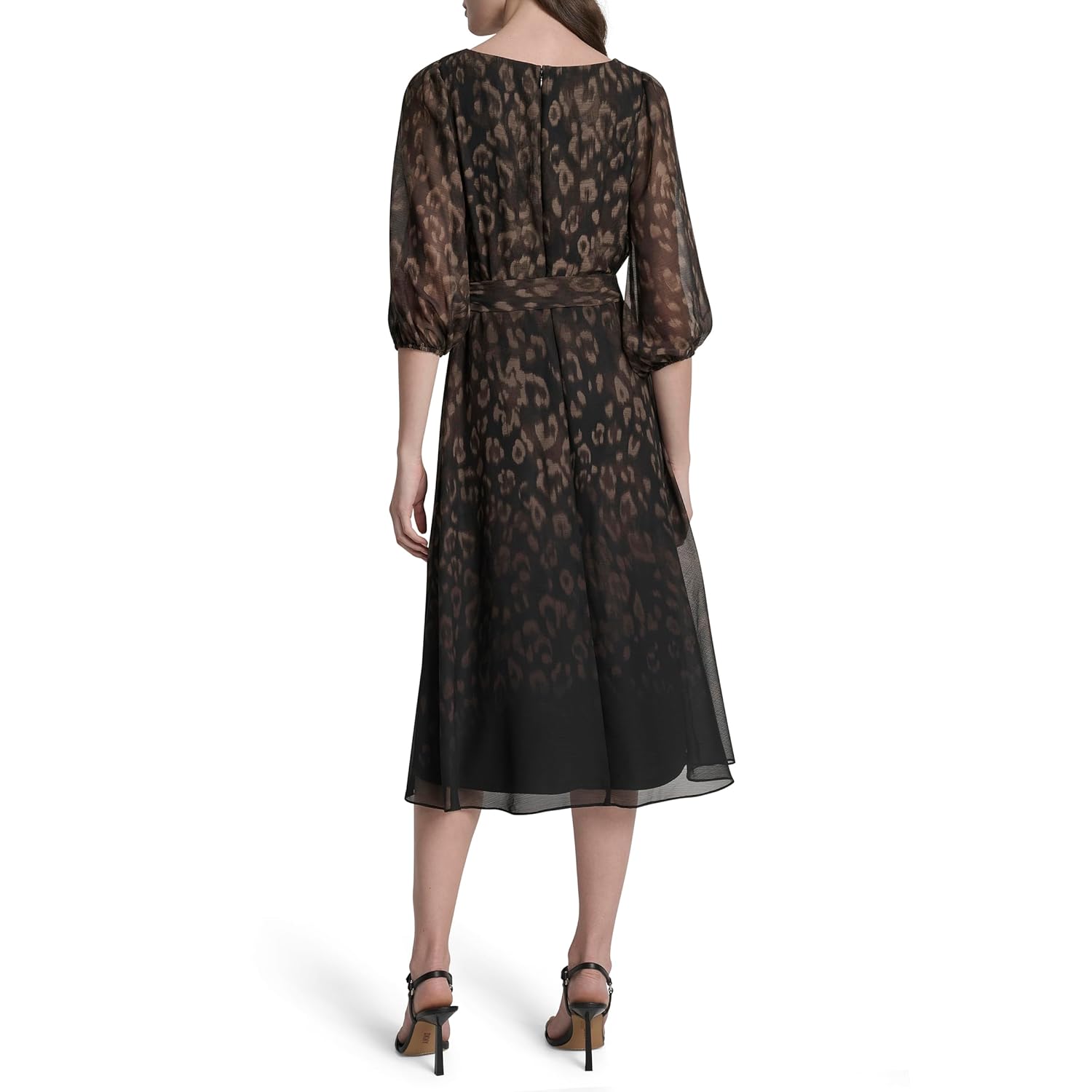 DKNY Women's 3/4 Balloon Sleeve Surplice Neck Faux Wrap Midi Dress with Removable Belt