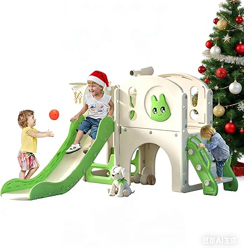 Juego de tobogán y escalador 8 en 1 para niños pequeños, parque infantil con escaleras, túnel, telescopio, almacenamiento, aro de baloncesto y