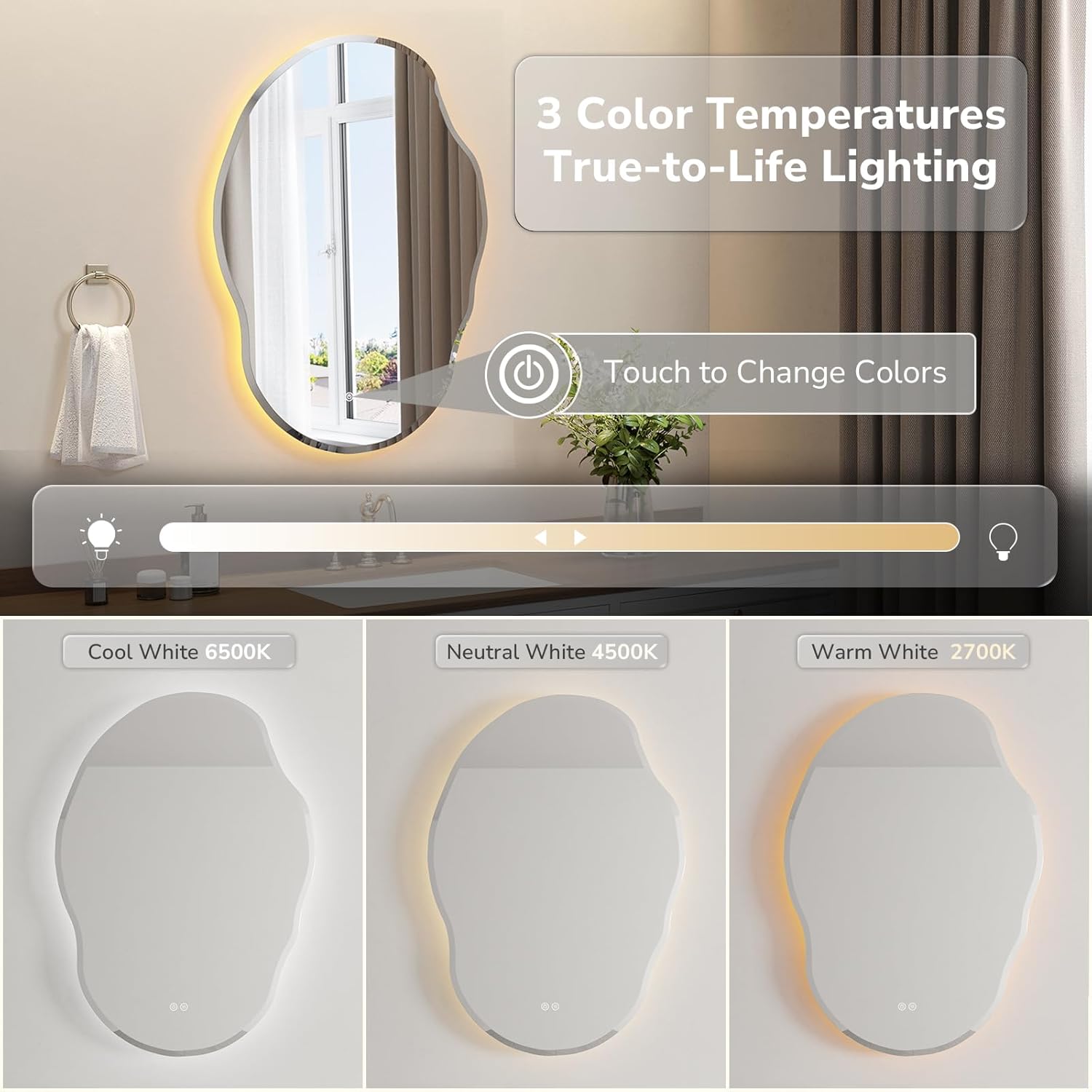 USHOWER LED Bathroom Mirror, 25"x35" Irregular Vanity Mirror with Lights for Bathroom, Backlit, Wall Mounted, Anti-Fog, 3 Colors and Dimmable Light, Horizontal/Vertical, Asymmetrical
