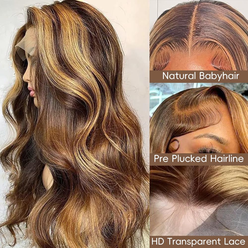 30 Inch Ombre Lace Front Wig Human Hair Pre Plucked 13x4 HD Body Wave Lace Front Wigs Human Hair 4/27 Colored Lace Frontal Wigs 200 Density Highlight Wig Wig