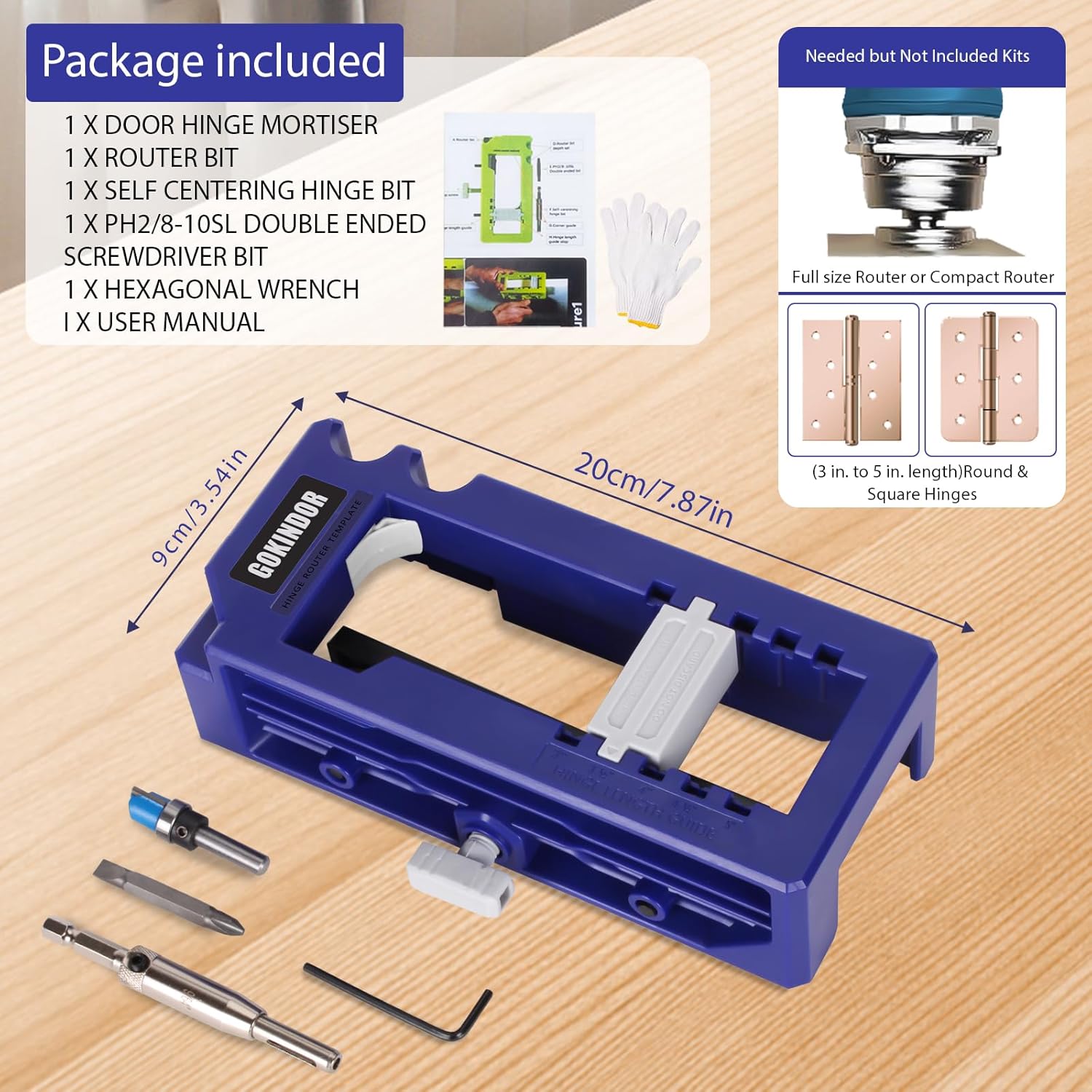 Door Hinge Jig for Easy Door Hinge Installation Mortiser for 3' to 5' Length, 1/4' to 5/8' Thickness, Square or Radius, Adjustable Jig Kit