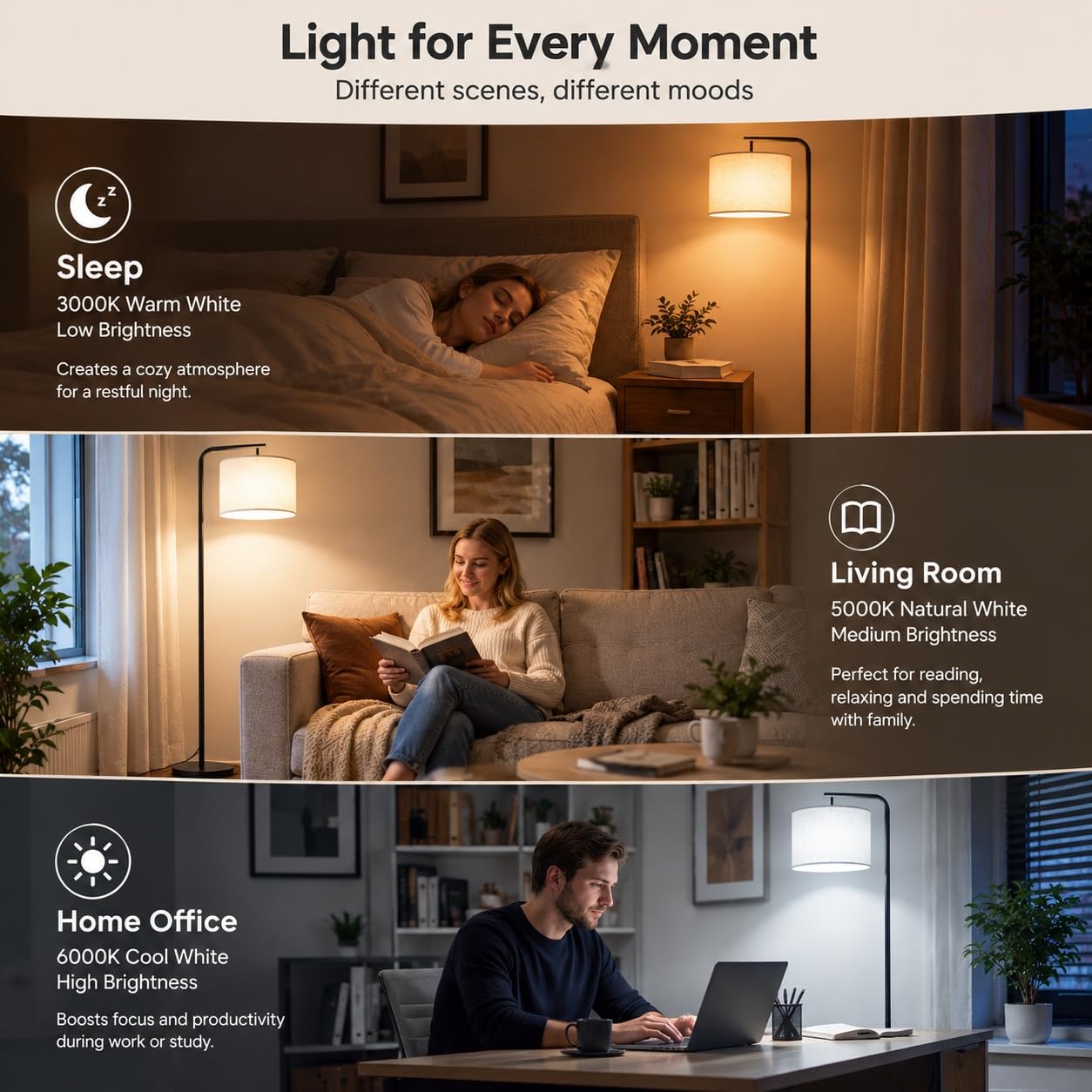 Stehlampe Wohnzimmer Dimmbar mit Fernbedienung, 3 Farbtemperaturen