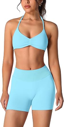 ABOCIW Womens Seamless Workout Sets 2 Piece Strappy Halter Sports Bra Scrunch Butt Shorts Gym Yoga Outfits