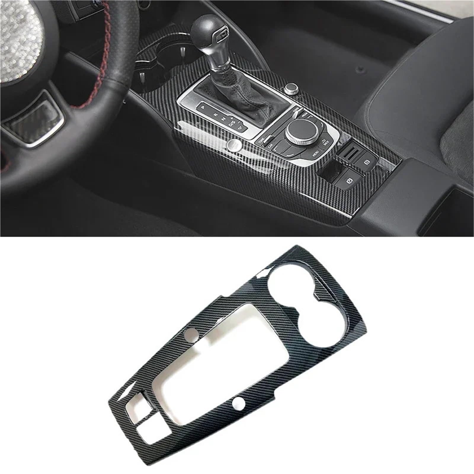 Folia na panel‌ Okleina skrzynia biegów‌ Konsola środkowa w kolorze włókna węglowego Panel zmiany biegów Dekoracyjna listwa wykończeniowa pasuje do Audi A3 8V 2013-2020 Uchwyt na kubek z wodą(A LHD)